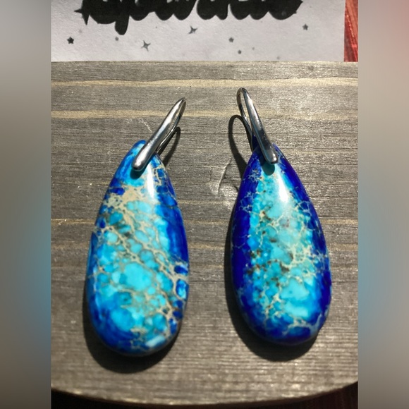 🪸Blue Sea Sediment Waterdrop Natural Stone French hook Earrings🐚 - Picture 7 of 12